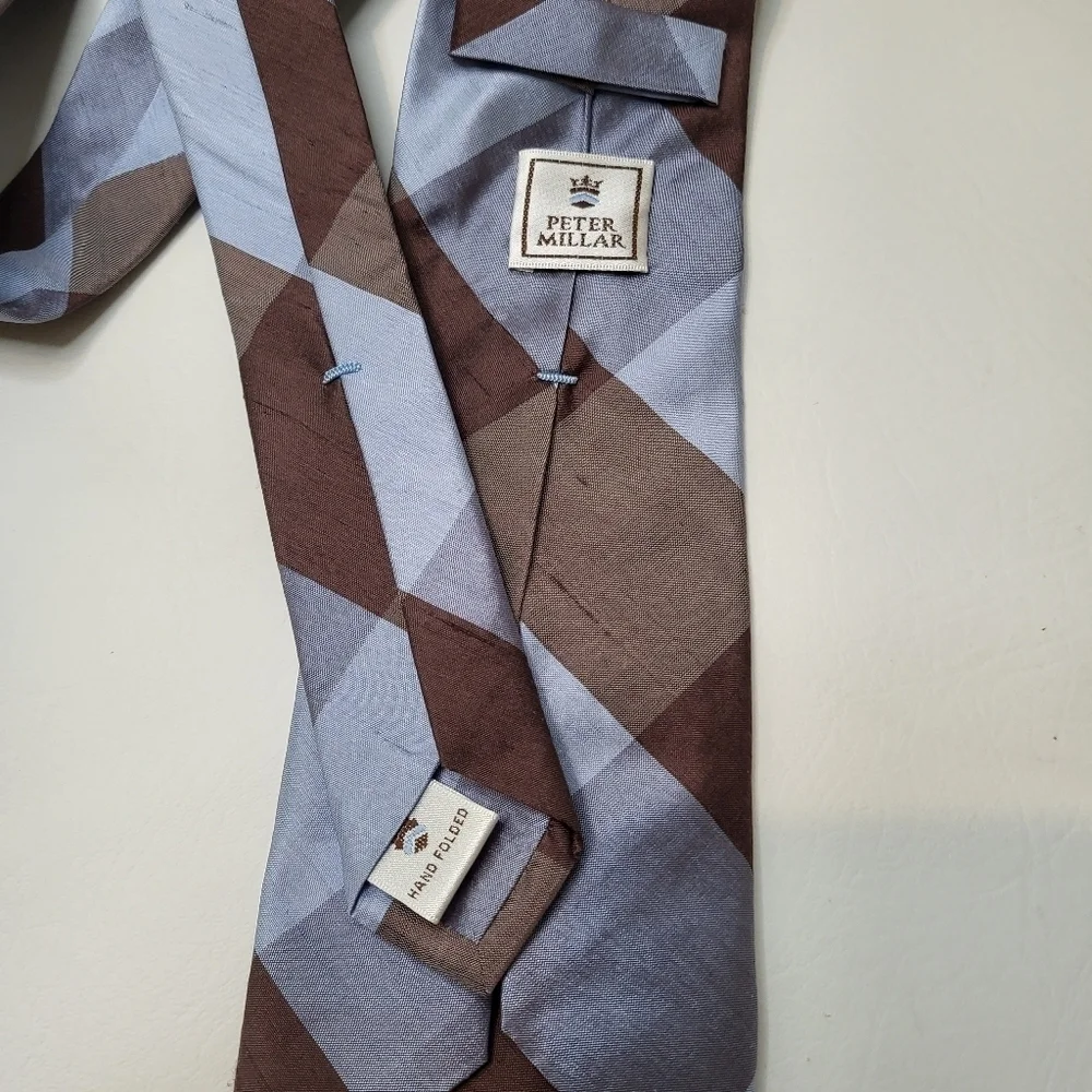Peter Millar neck tie light blue brown plaid 100% shantung silk - Picture 5 of 6